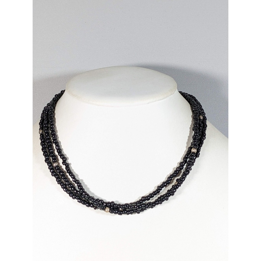 Silpada 925 Sterling‎ Silver Black Glass Three Strand Beaded Choker Necklace